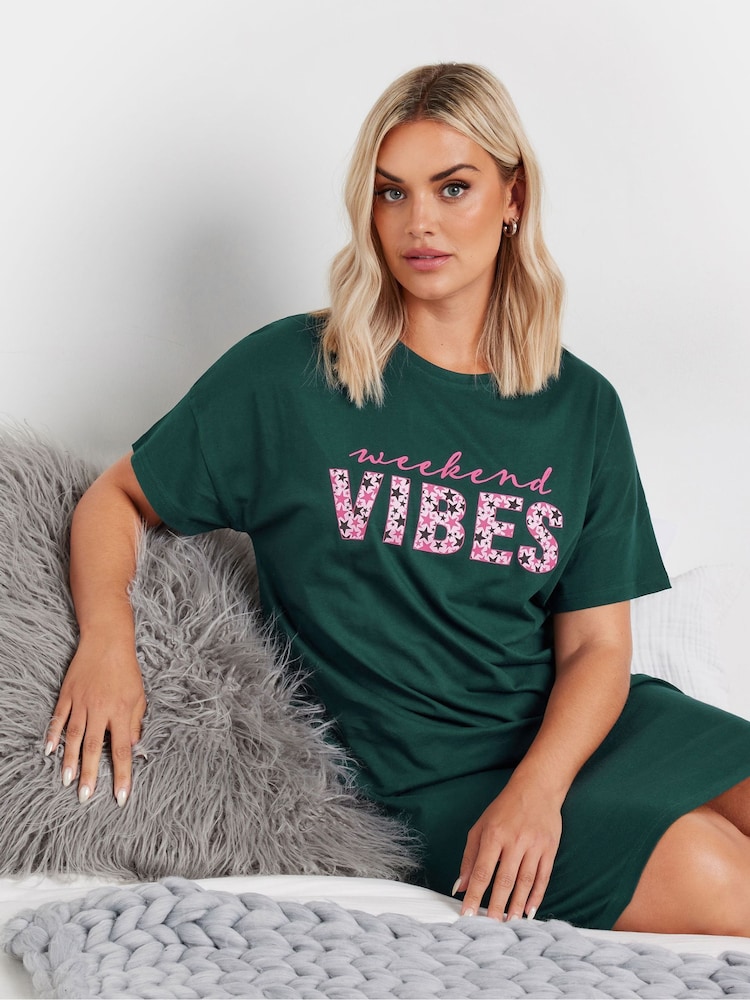 Yours Curve Green 100% Cotton Weekend Vibes Sleeptee Nighties - Image 2 of 5
