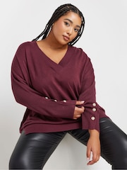 Yours Curve Red Button Sleeve Ribbed Jumper - Image 1 of 6