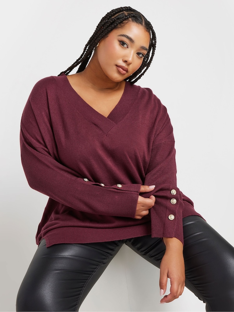 Yours Curve Red Button Sleeve Ribbed Jumper - Image 1 of 6