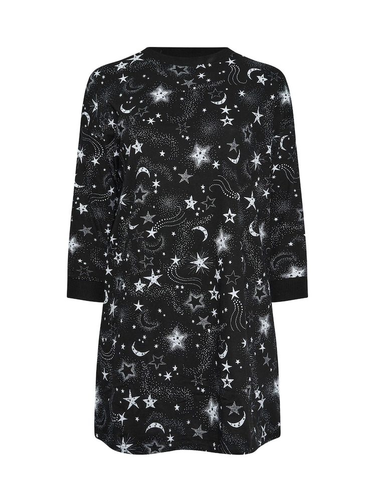 Yours Curve Black Cosmic Dotty Long Sleeve 100% Cotton Nightdress - Image 5 of 5