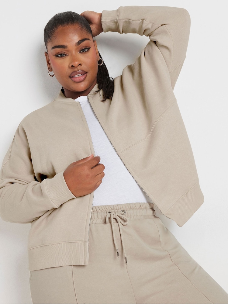 Yours Curve Brown Oversized Sweat Bomber Jacket - Image 2 of 5
