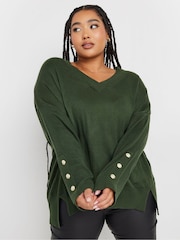 Yours Curve Green Button Sleeve Ribbed Jumper - Image 1 of 5