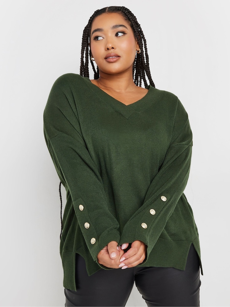 Yours Curve Green Button Sleeve Ribbed Jumper - Image 1 of 5