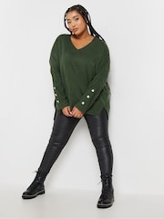 Yours Curve Green Button Sleeve Ribbed Jumper - Image 2 of 5