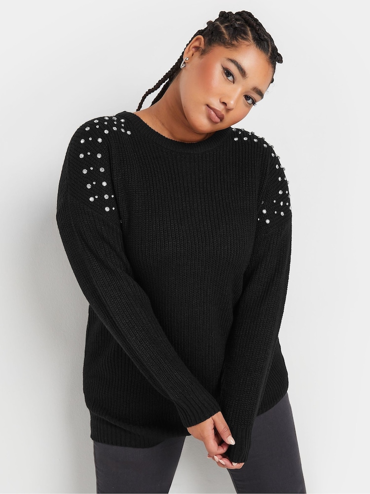 Yours Curve Black Diamante Embellished Shoulder Jumper - Image 1 of 5