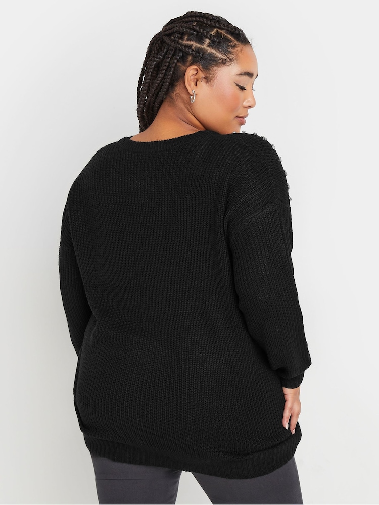 Yours Curve Black Diamante Embellished Shoulder Jumper - Image 2 of 5