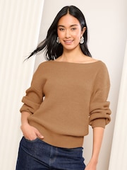 Friends Like These Camel Brown Petite Off The Shoulder Jumper - Image 1 of 4