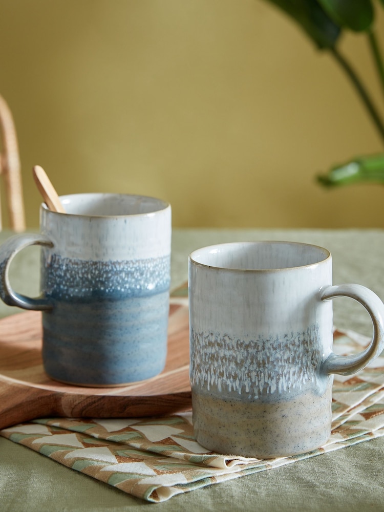 Denby Set of 2 Taupe and Slate Kiln Accents Ridged Mugs - Image 1 of 4 Denby Set of 2 Taupe and Slate Kiln Accents Ridged Mugs - Image 1 of 4