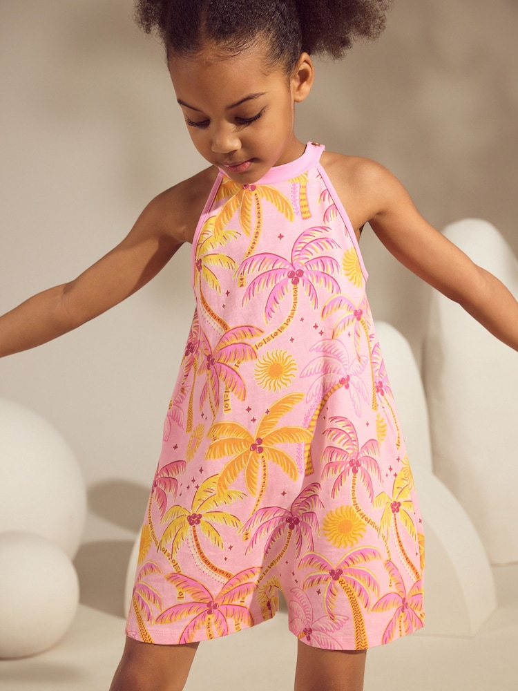 Pink 100% Cotton Palm Print Playsuit T-Shirt (3-16yrs) - Image 1 of 8 Pink 100% Cotton Palm Print Playsuit T-Shirt (3-16yrs) - Image 1 of 8