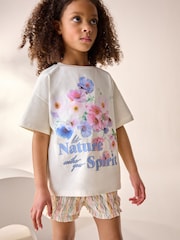Ecru/Pink Floral Graphic 100% Cotton T-Shirt and Bloomer Shorts Set (3-16yrs) - Image 1 of 8