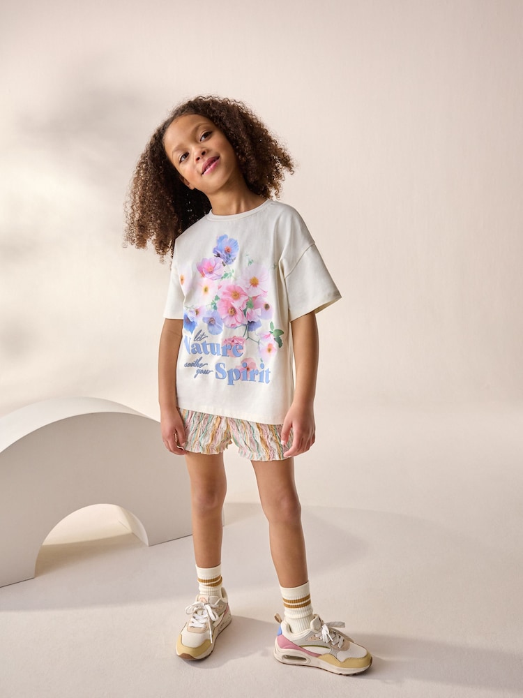 Ecru/Pink Floral Graphic 100% Cotton T-Shirt and Bloomer Shorts Set (3-16yrs) - Image 2 of 8