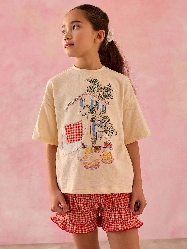 Ecru Graphic 100% Cotton T-Shirt and Bloomer Shorts Set (3-16yrs) - Image 1 of 3