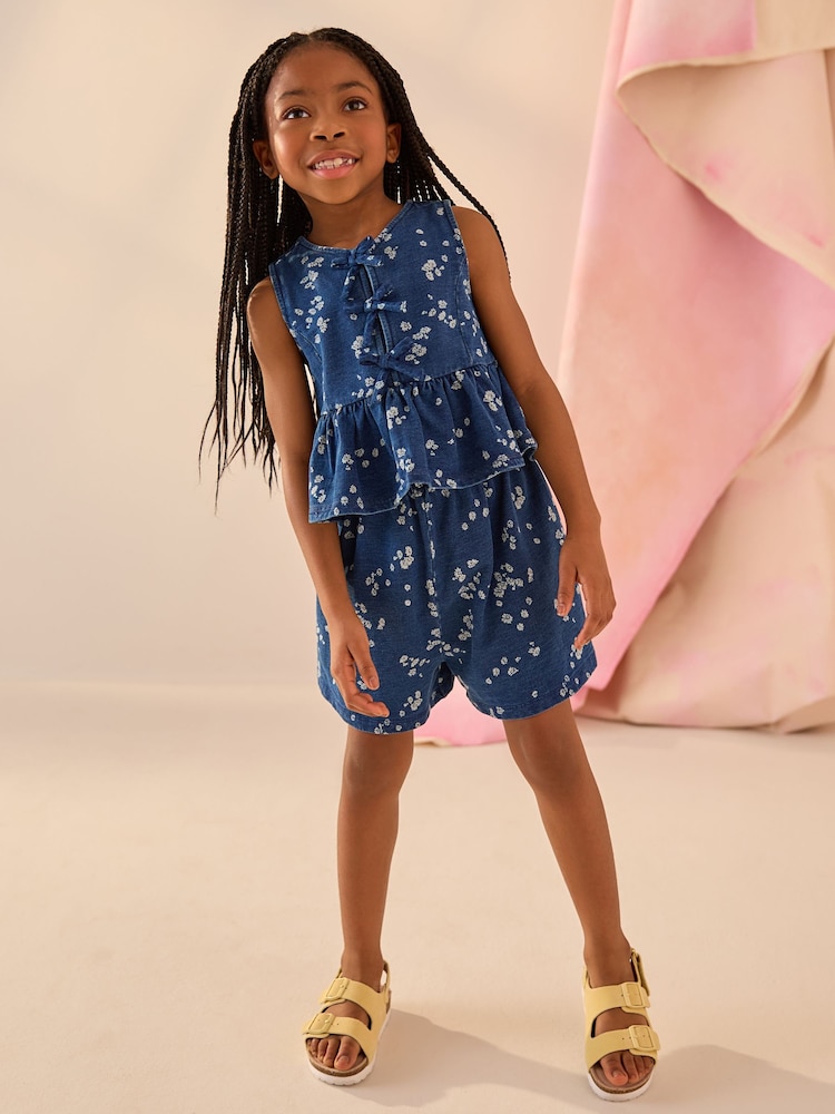 Blue Denim 100% Cotton Ditsy Floral Waistcoat Set (3-16yrs) - Image 2 of 4