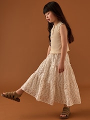 Crudo - Pointelle Vest and Floral Print Lace Midi Skirt Set (3-16yrs) - Imagen 2 de 4
