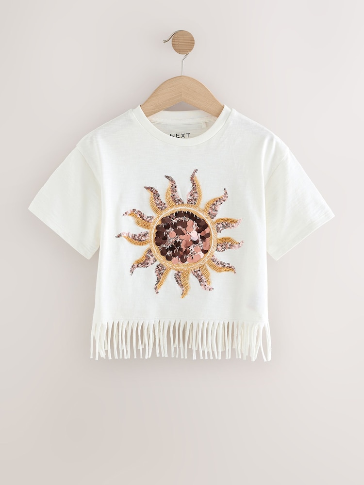 White Sequin Sun Fringe 100% Cotton T-Shirt (3-16yrs) - Image 1 of 4
