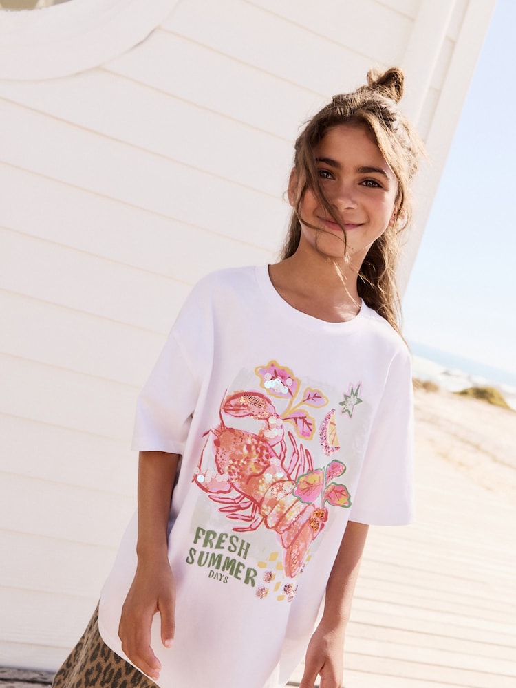 White Oversized Sequin Graphic Print T-Shirt (3-16yrs) - Image 1 of 6