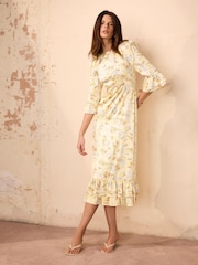 Mint Velvet Yellow Floral Print Satin Midi Dress - Image 1 of 8