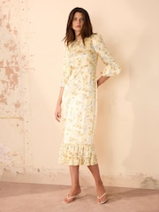 Mint Velvet Yellow Floral Print Satin Midi Dress - Image 6 of 8