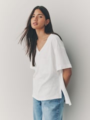 Ecru White Oversized V-Neck Short Sleeve T-Shirt - Image 1 of 8