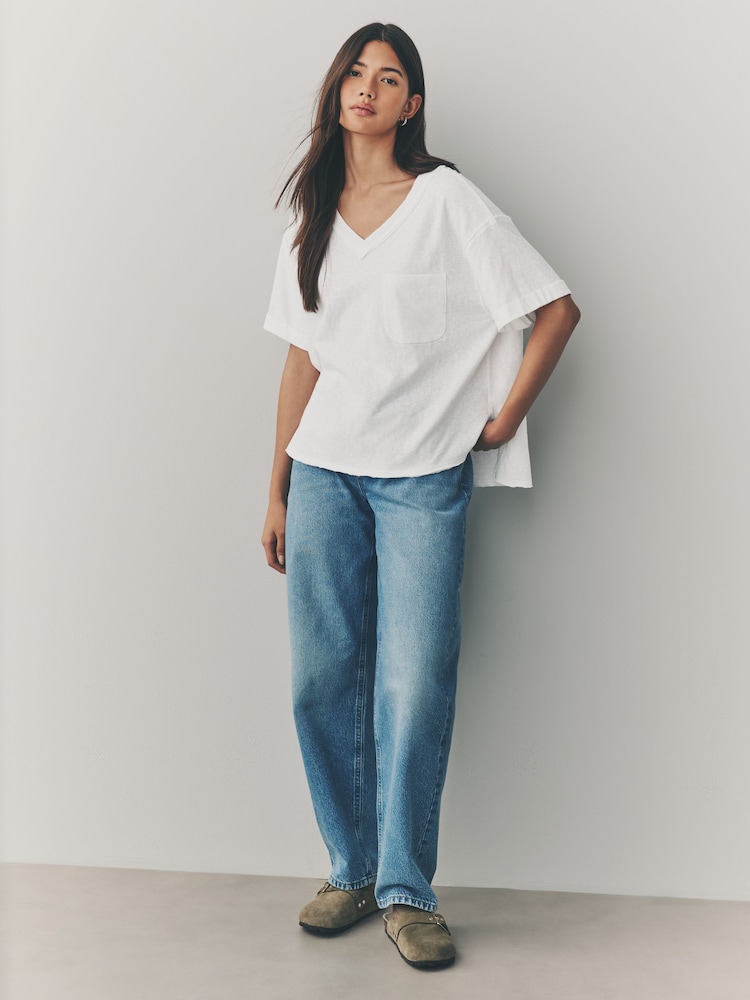 Ecru White Oversized V-Neck Short Sleeve T-Shirt - Image 2 of 8