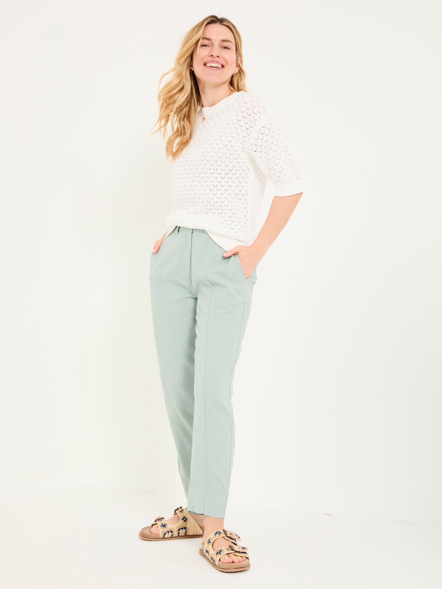 Fat Face Women's Mint Green Fatface Issy Tapered Linen Blend Trousers