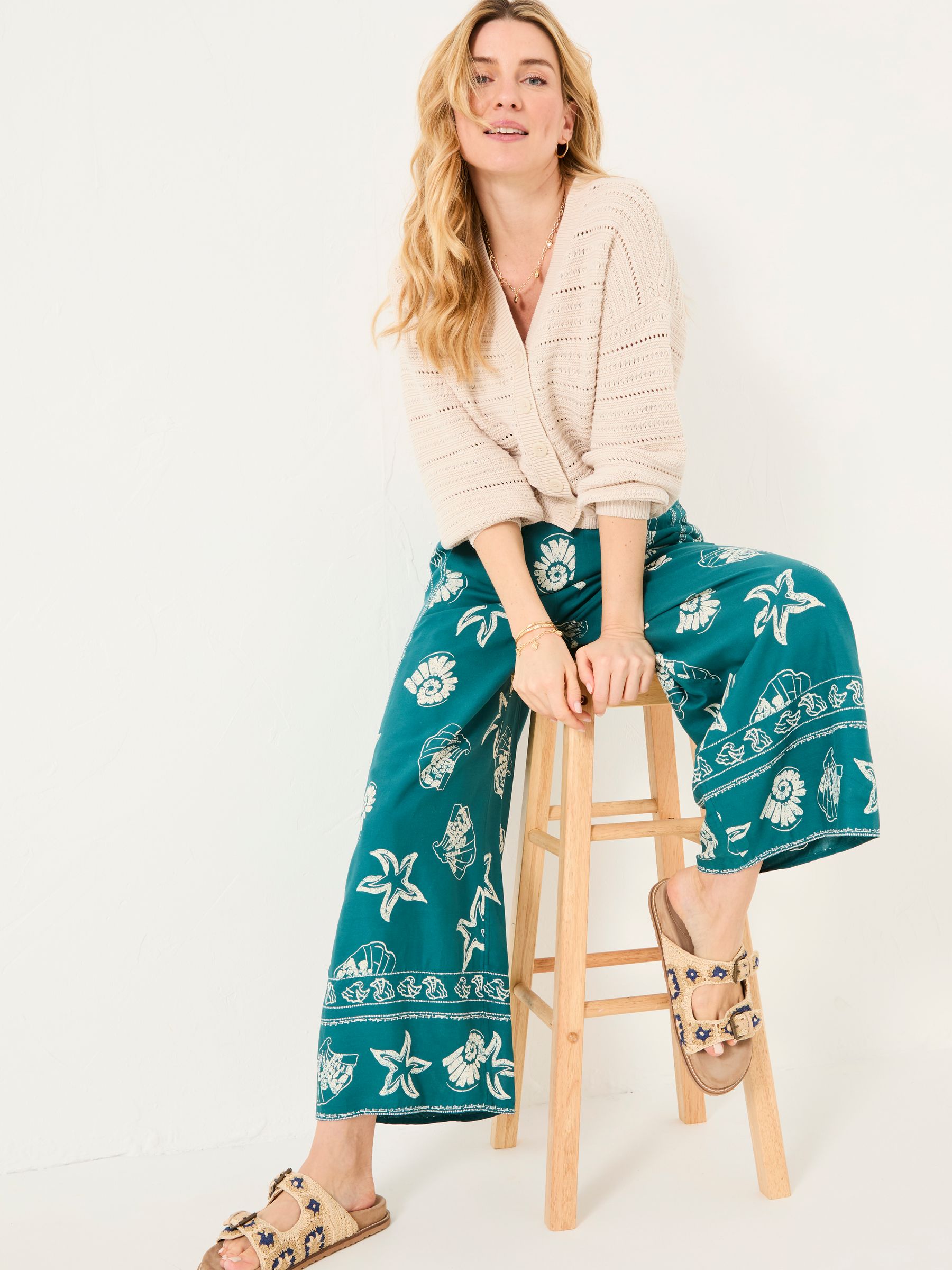 Buy FatFace Eliza Teal Blue Lino Shell Cropped Trousers from the