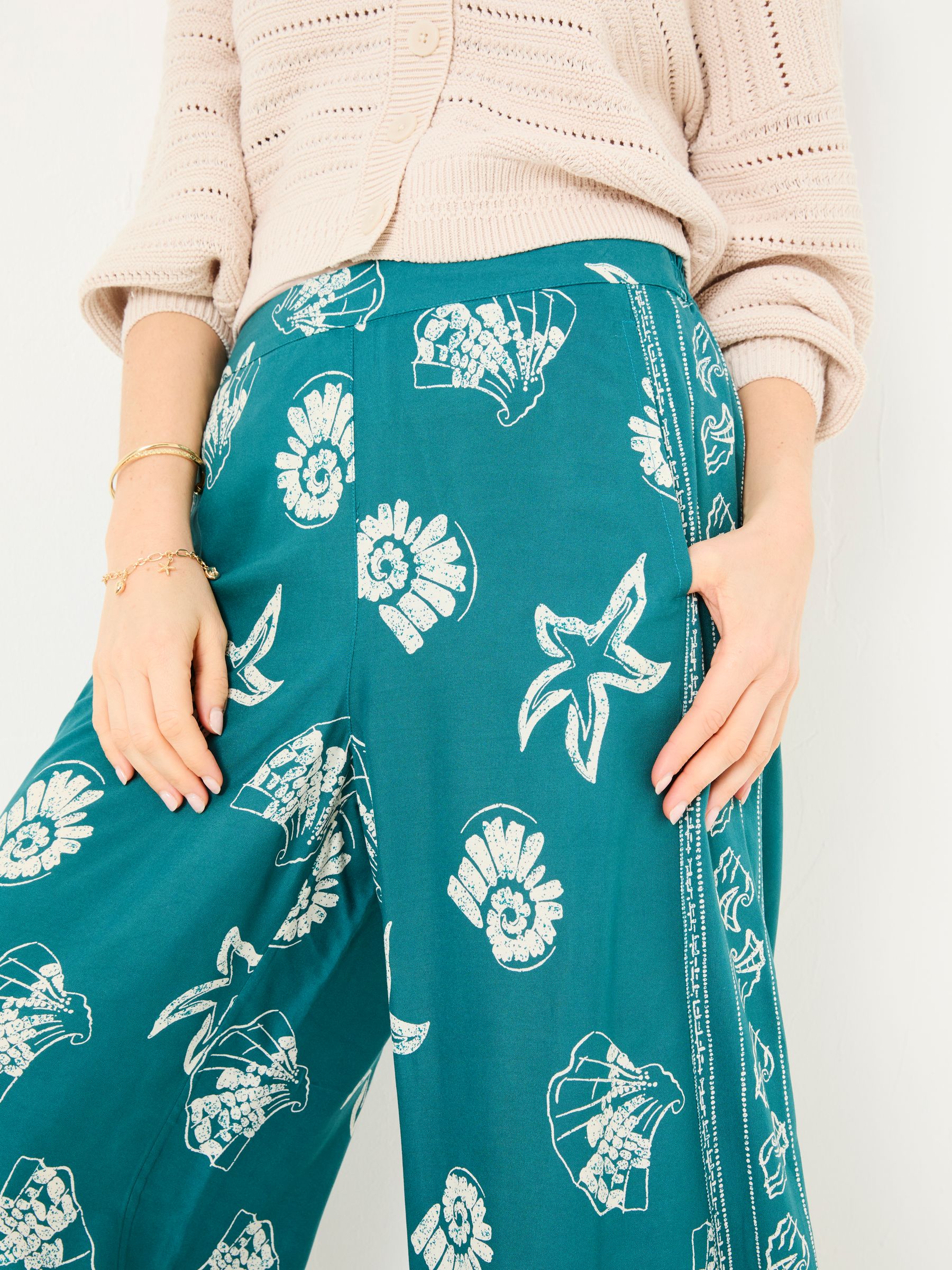 Buy FatFace Eliza Teal Blue Lino Shell Cropped Trousers from the