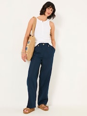 FatFace Lydia Navy Straight Leg Linen Trousers - Image 3 of 7