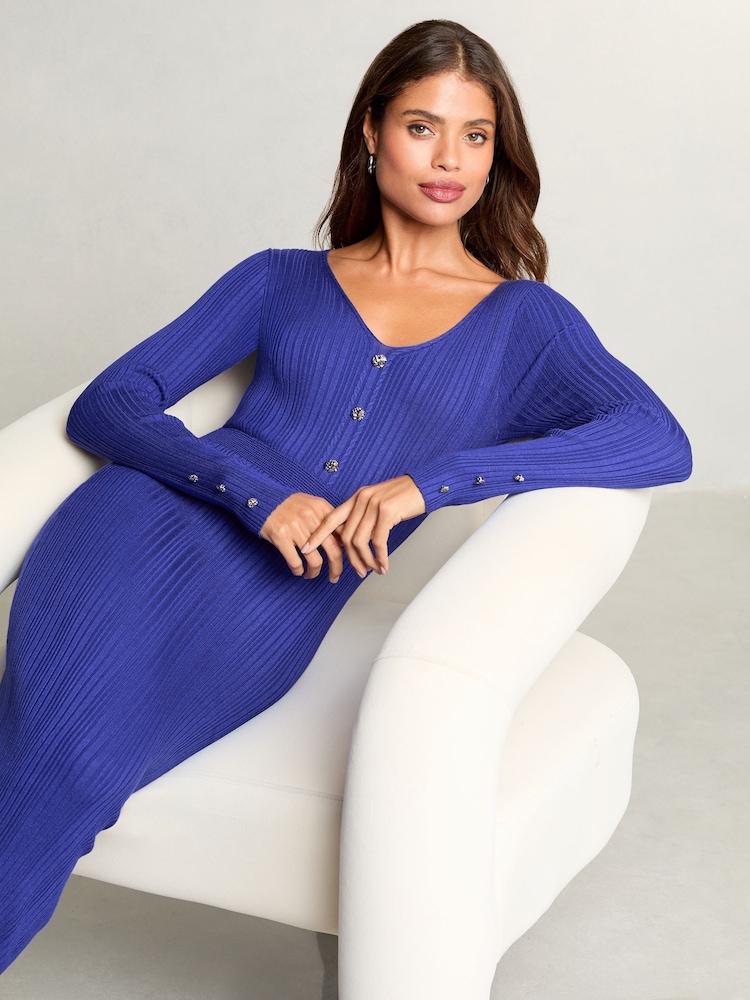 Azul - Lipsy Knitted Cable Ribbed Detail Bodycon Midi Dress - Imagen 2 de 4