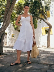 White Button Down Midi Dress With Linen - Image 1 of 10