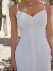 White Button Down Midi Dress With Linen - Image 3 of 10
