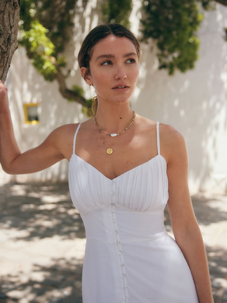 Buy White Button Down Midi Dress With Linen from Next Oman