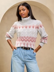 Grey Fairisle Cable Cowl Neck Knit Jumper - Image 1 of 4