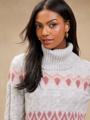 Grey Fairisle Cable Cowl Neck Knit Jumper - Image 3 of 4