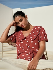 Brown/Ecru Spot Peter Pan Collar Sheer Short Sleeve Blouse - Image 1 of 8
