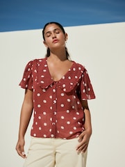 Brown/Ecru Spot Peter Pan Collar Sheer Short Sleeve Blouse - Image 2 of 8