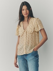 Yellow Ditsy Spot Peter Pan Collar Sheer Short Sleeve Blouse - Image 1 of 8