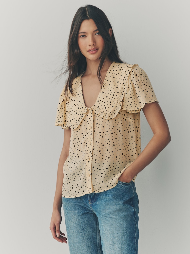 Yellow Ditsy Spot Peter Pan Collar Sheer Short Sleeve Blouse - Image 1 of 8