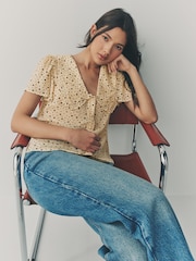 Yellow Ditsy Spot Peter Pan Collar Sheer Short Sleeve Blouse - Image 2 of 8