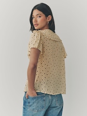 Yellow Ditsy Spot Peter Pan Collar Sheer Short Sleeve Blouse - Image 3 of 8