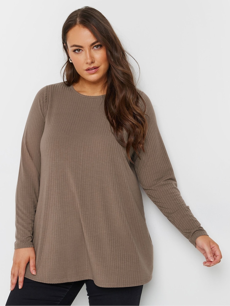 Yours Curve Brown Long Sleeve Rib Swing T-Shirt - Image 1 of 5