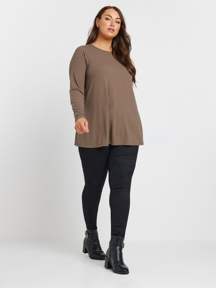 Yours Curve Brown Long Sleeve Rib Swing T-Shirt - Image 2 of 5