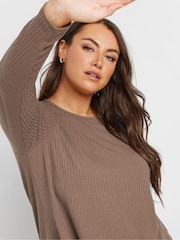 Yours Curve Brown Long Sleeve Rib Swing T-Shirt - Image 4 of 5