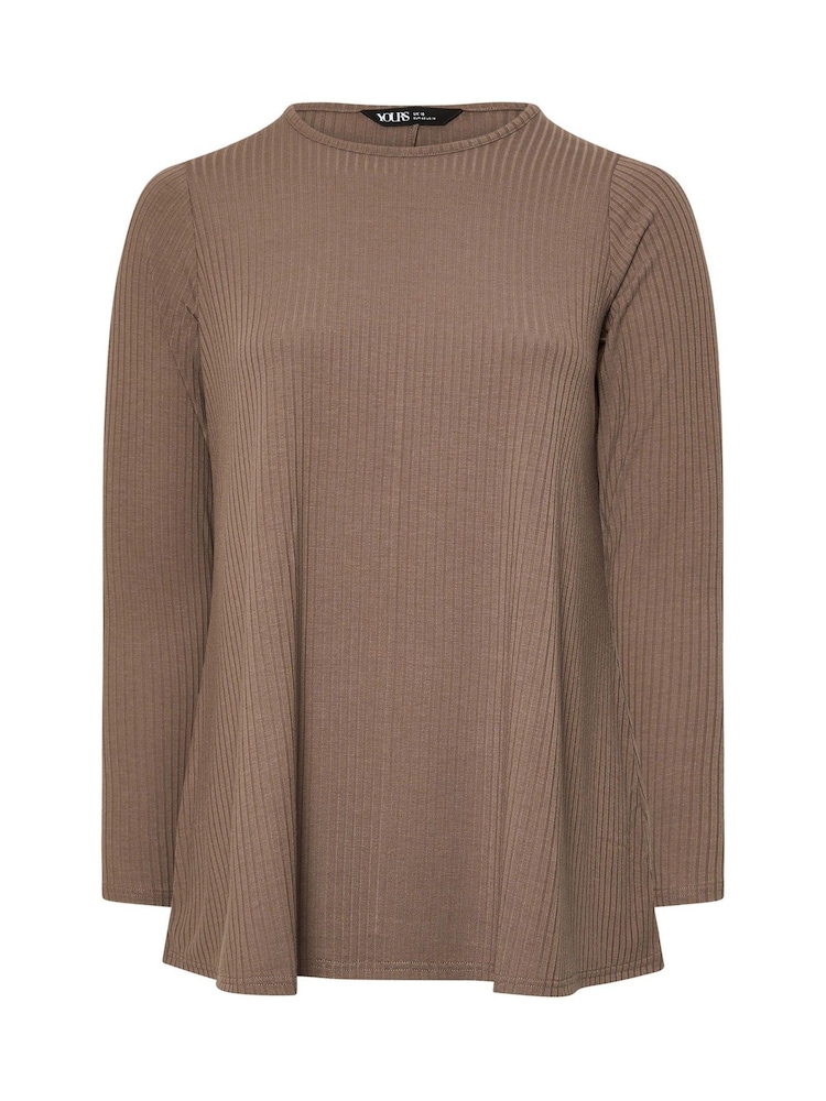 Yours Curve Brown Long Sleeve Rib Swing T-Shirt - Image 5 of 5