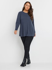 Yours Curve Blue Long Sleeve Rib Swing T-Shirt - Image 2 of 5