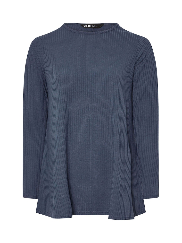 Yours Curve Blue Long Sleeve Rib Swing T-Shirt - Image 5 of 5