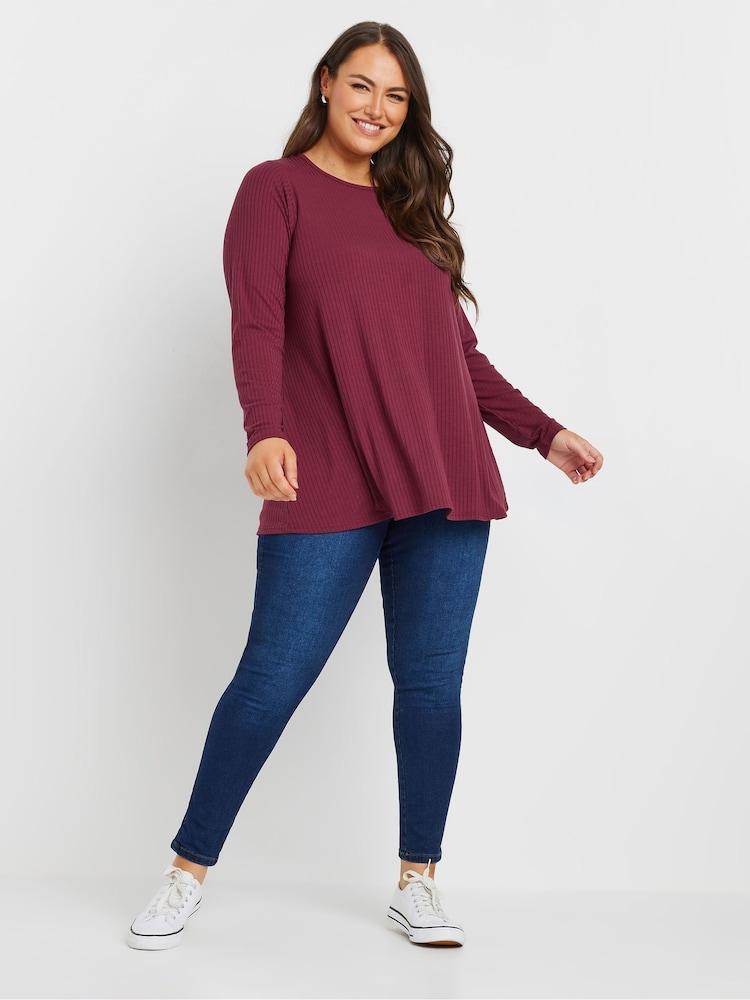 Yours Curve Red Long Sleeve Rib Swing T-Shirt - Image 2 of 5