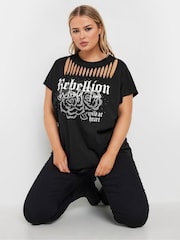 Yours Curve Black 100% Cotton Laser Cut T-Shirt - Image 1 of 6