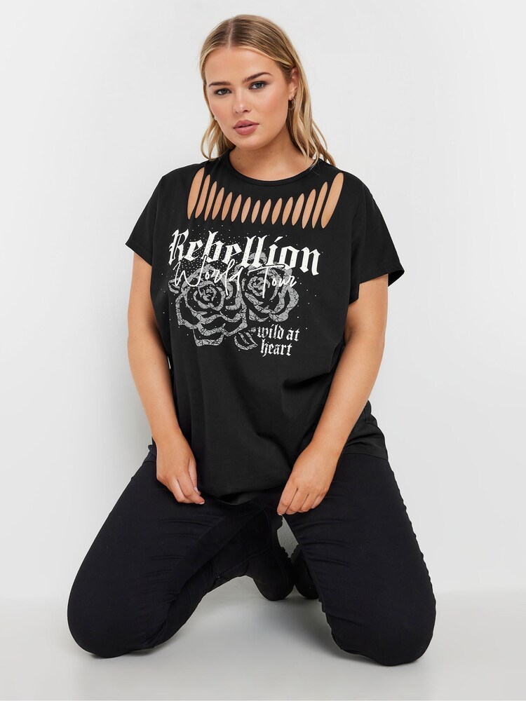 Yours Curve Black 100% Cotton Laser Cut T-Shirt - Image 1 of 6