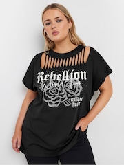 Yours Curve Black 100% Cotton Laser Cut T-Shirt - Image 2 of 6
